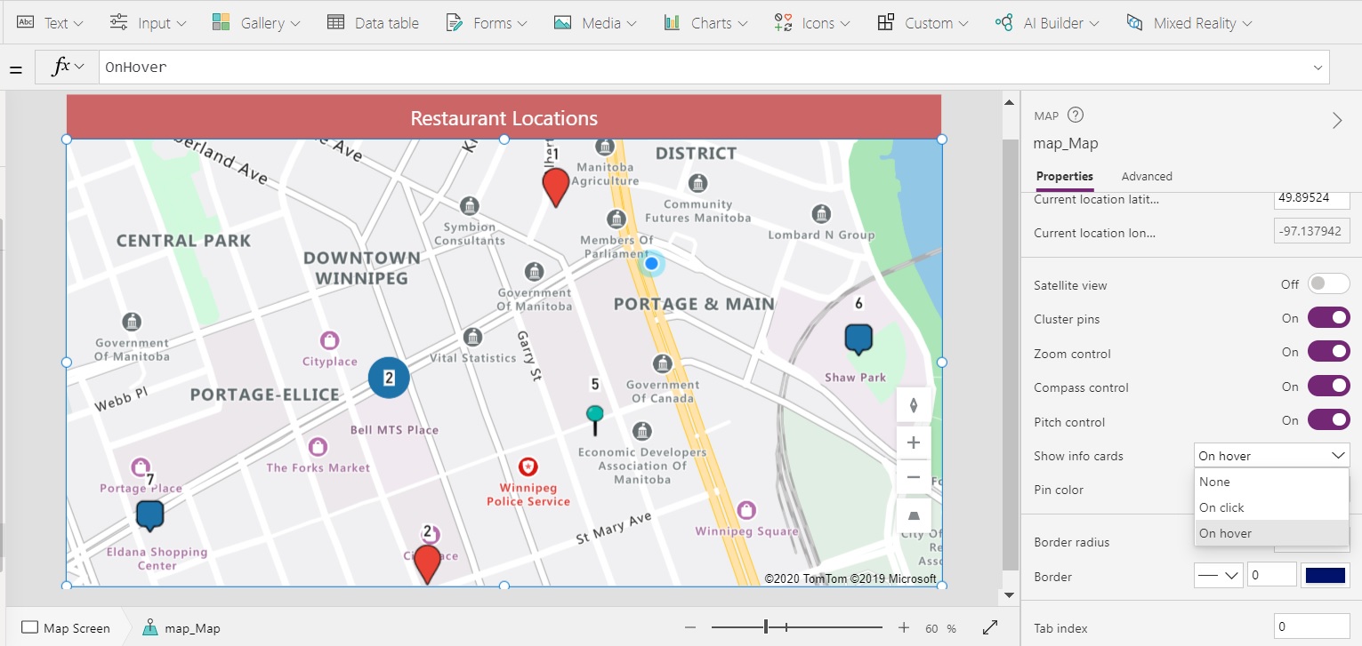 Powerapps map default location