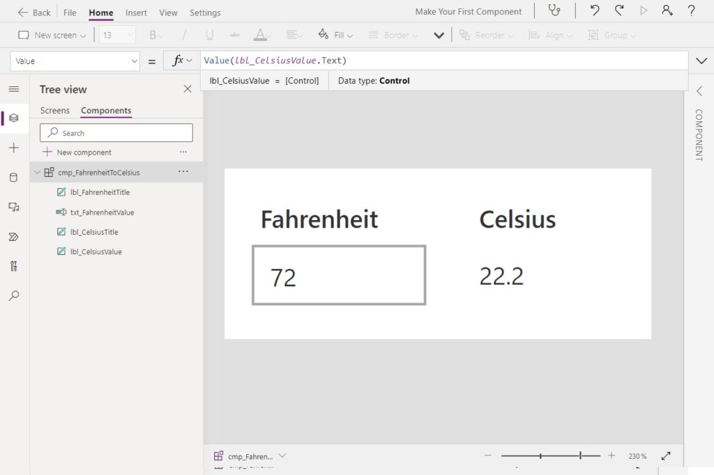 power apps canvas components temperature conversion